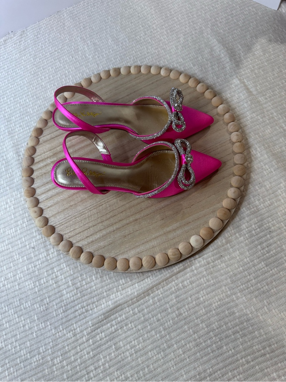Lilly Pulitzer Ryley Slingback Cerise Pink Rhinestone Bow Kitten Heels 8.5M - Picture 3 of 10